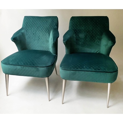 187 - ARMCHAIRS, a pair, contemporary royal green velvet on tapering splay steel supports, 63cm W (2)