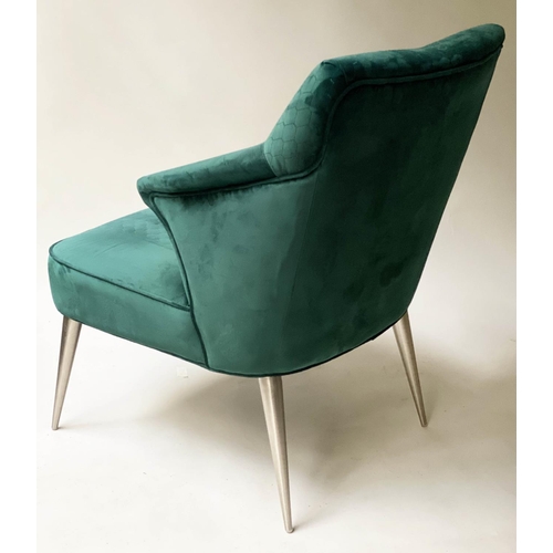 187 - ARMCHAIRS, a pair, contemporary royal green velvet on tapering splay steel supports, 63cm W (2)