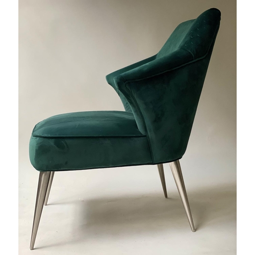 187 - ARMCHAIRS, a pair, contemporary royal green velvet on tapering splay steel supports, 63cm W (2)