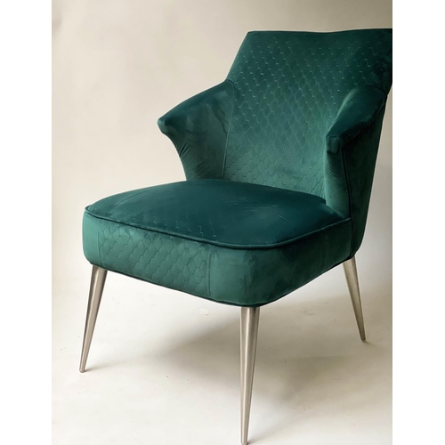 187 - ARMCHAIRS, a pair, contemporary royal green velvet on tapering splay steel supports, 63cm W (2)