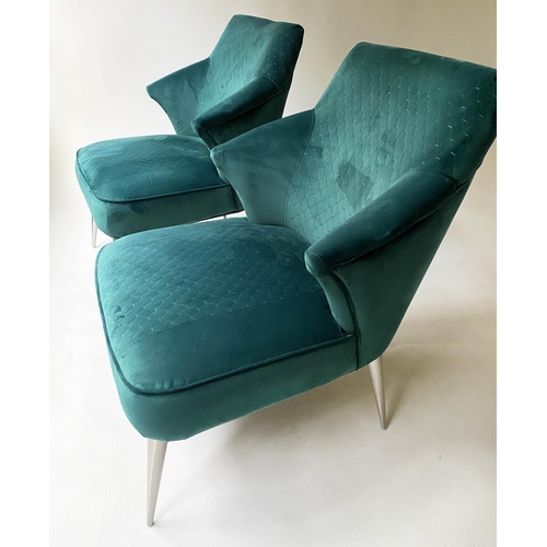 187 - ARMCHAIRS, a pair, contemporary royal green velvet on tapering splay steel supports, 63cm W (2)