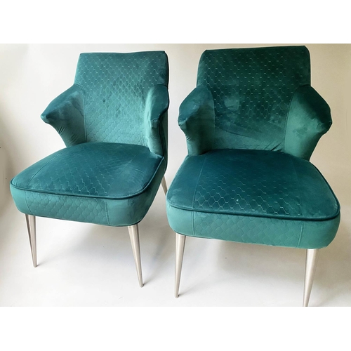 187 - ARMCHAIRS, a pair, contemporary royal green velvet on tapering splay steel supports, 63cm W (2)