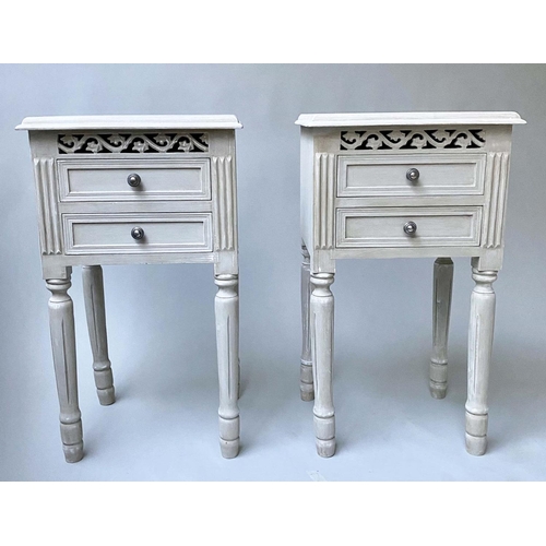 188 - LAMP TABLES, a pair, French style grey painted with pierced frieze and two drawers, 40cm x 32cm x 71... 