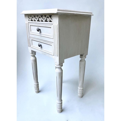 188 - LAMP TABLES, a pair, French style grey painted with pierced frieze and two drawers, 40cm x 32cm x 71... 