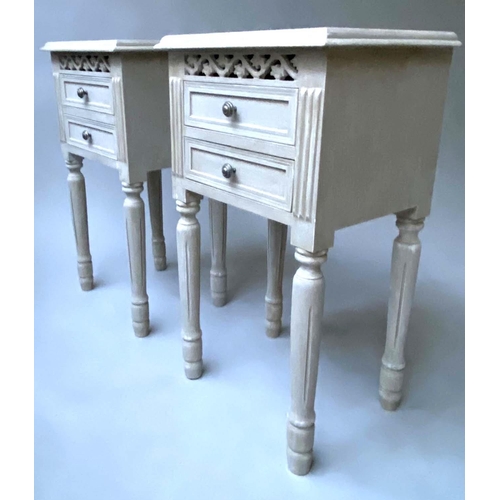 188 - LAMP TABLES, a pair, French style grey painted with pierced frieze and two drawers, 40cm x 32cm x 71... 