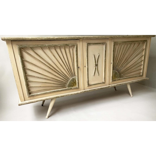 189 - SIDE CABINET, mid 20th century French grey painted with sunburst panelled doors, 180cm x 49cm x 87cm... 