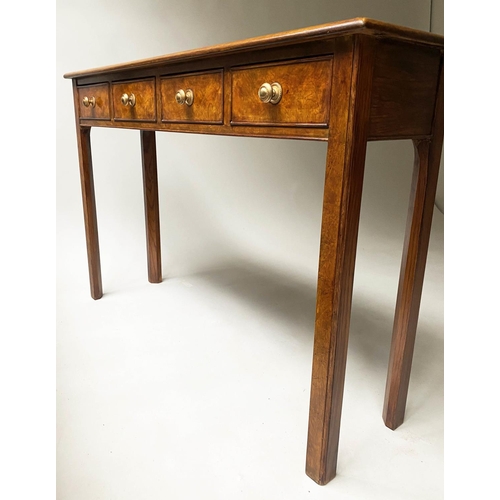 178 - HALL TABLE, George III design burr walnut and crossbanded with four drawers, 76cm H x 130cm x 30cm.