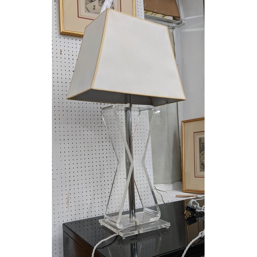 557 - TABLE LAMP, contemporary design, lucite and chrome, with shade, 80cm H x 43cm x 22cm.