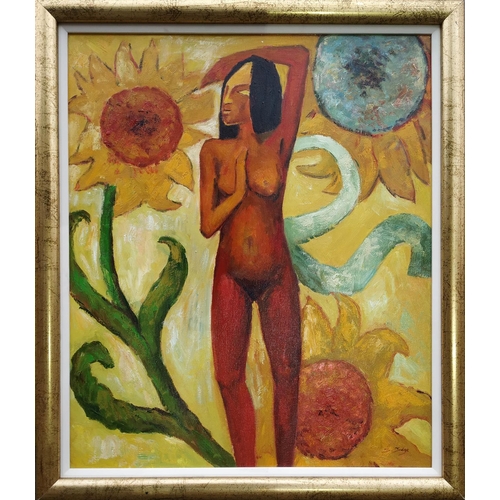 85 - S. JUDGE 'Girl with Sunflowers', oil on canvas, signed, 60cm x 50cm, framed.