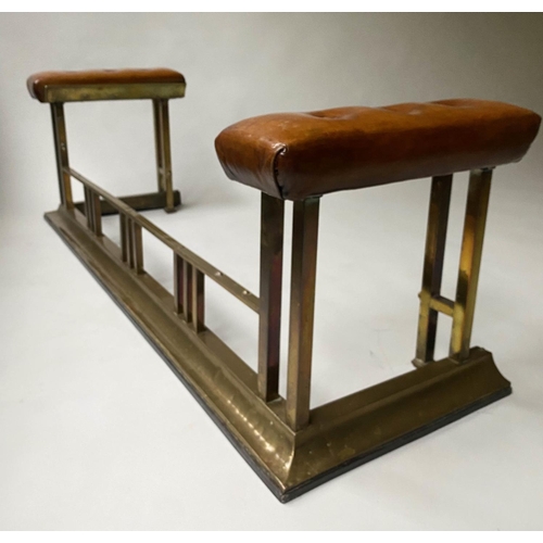 108 - CLUB FENDER, early 20th century with buttoned leather seat pads and shaped brass balustrade, 136cm W... 