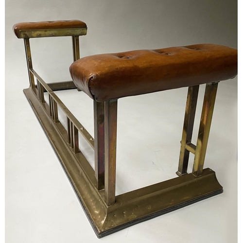 108 - CLUB FENDER, early 20th century with buttoned leather seat pads and shaped brass balustrade, 136cm W... 