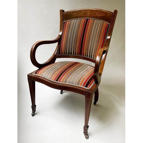 109 - ELBOW ARMCHAIR, Edwardian mahogany and inlay with cut velvet striped upholstery, 56cm W.