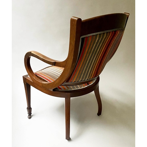 109 - ELBOW ARMCHAIR, Edwardian mahogany and inlay with cut velvet striped upholstery, 56cm W.
