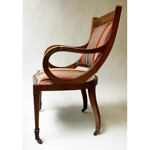 109 - ELBOW ARMCHAIR, Edwardian mahogany and inlay with cut velvet striped upholstery, 56cm W.