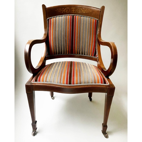 109 - ELBOW ARMCHAIR, Edwardian mahogany and inlay with cut velvet striped upholstery, 56cm W.