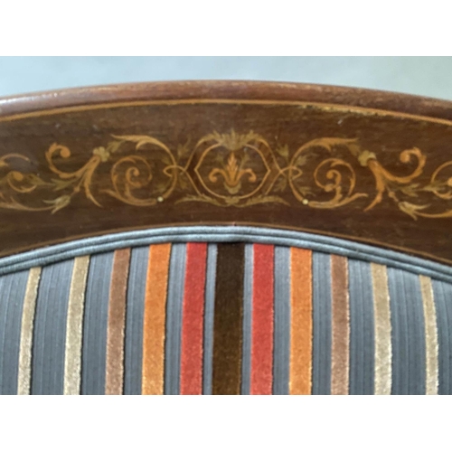 109 - ELBOW ARMCHAIR, Edwardian mahogany and inlay with cut velvet striped upholstery, 56cm W.