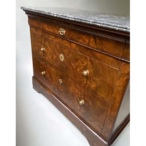 122 - COMMODE, 19th century French, Louis Philippe burr walnut with St Annes marble top above three long d... 