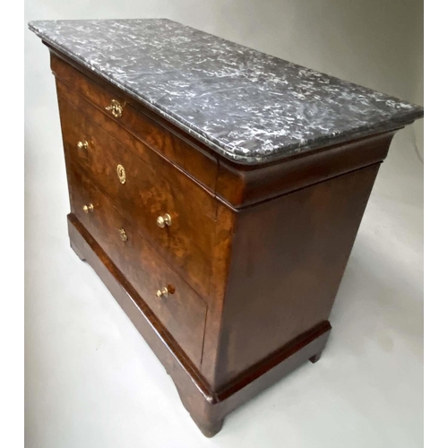 122 - COMMODE, 19th century French, Louis Philippe burr walnut with St Annes marble top above three long d... 
