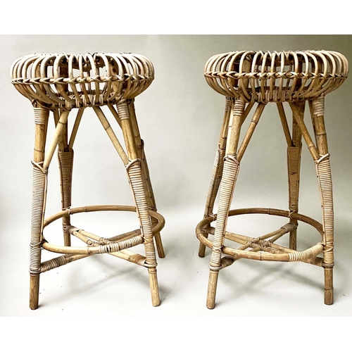 130 - LOBSTER POT BAR STOOLS, 73cm H, a pair, 1950's by Franco Albini rattan and cane bound. (2)