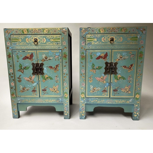 139 - CHINESE SIDE CABINETS, a pair, emerald green lacquered and gilt Chinoiserie decorated, 40cm x 32cm x... 