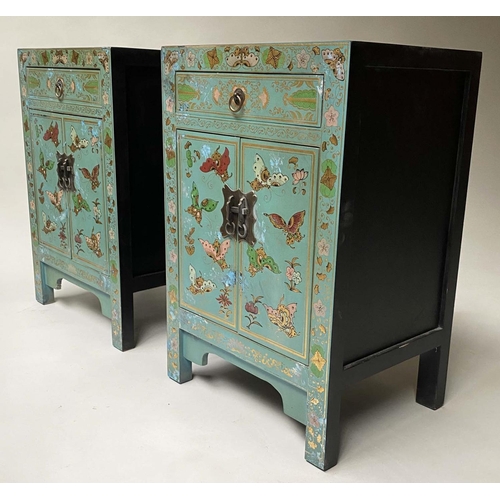 139 - CHINESE SIDE CABINETS, a pair, emerald green lacquered and gilt Chinoiserie decorated, 40cm x 32cm x... 