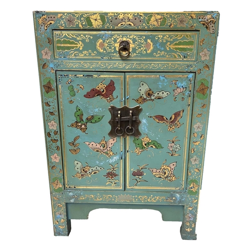 139 - CHINESE SIDE CABINETS, a pair, emerald green lacquered and gilt Chinoiserie decorated, 40cm x 32cm x... 