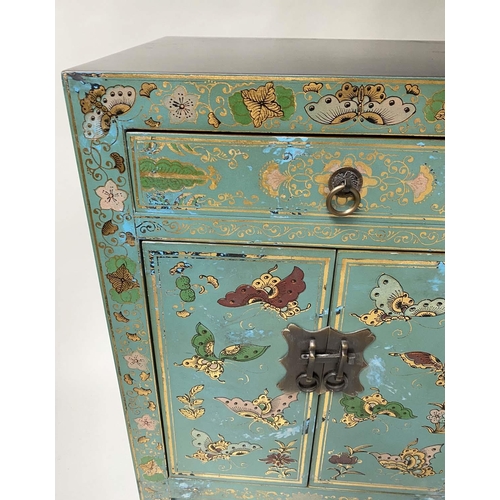 139 - CHINESE SIDE CABINETS, a pair, emerald green lacquered and gilt Chinoiserie decorated, 40cm x 32cm x... 