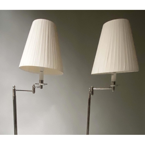 140 - STANDARD/READING LAMPS, a pair, chromium framed with twin hinged adjustable arms and shades, 150cm H... 