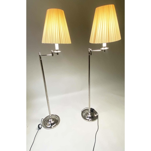 140 - STANDARD/READING LAMPS, a pair, chromium framed with twin hinged adjustable arms and shades, 150cm H... 