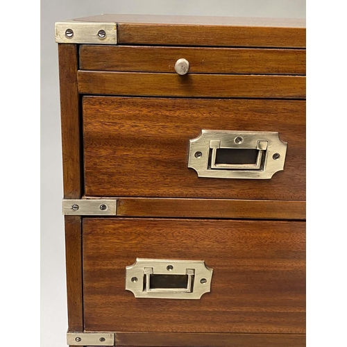 141 - CAMPAIGN STYLE CHEST, mahogany and brass bound with brushing slide and five drawers, 61cm x 31cm x 7... 