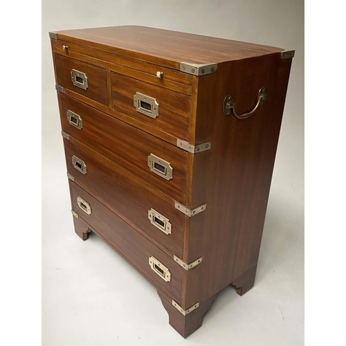 141 - CAMPAIGN STYLE CHEST, mahogany and brass bound with brushing slide and five drawers, 61cm x 31cm x 7... 