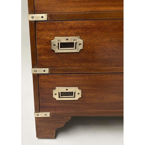 141 - CAMPAIGN STYLE CHEST, mahogany and brass bound with brushing slide and five drawers, 61cm x 31cm x 7... 