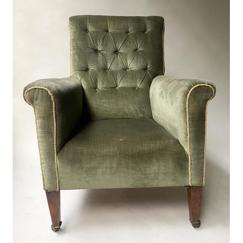 142 - ARMCHAIR, early 20th century Edwardian buttoned green velvet and cord upholstered, 70cm W.