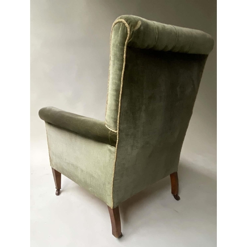 142 - ARMCHAIR, early 20th century Edwardian buttoned green velvet and cord upholstered, 70cm W.