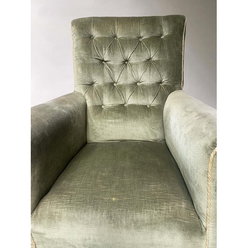 142 - ARMCHAIR, early 20th century Edwardian buttoned green velvet and cord upholstered, 70cm W.