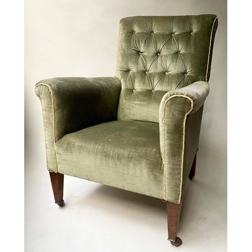 142 - ARMCHAIR, early 20th century Edwardian buttoned green velvet and cord upholstered, 70cm W.