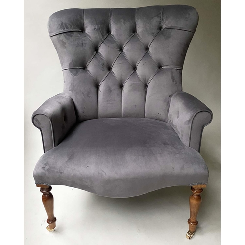 146 - ARMCHAIR, Victorian style buttoned grey velvet upholstered.