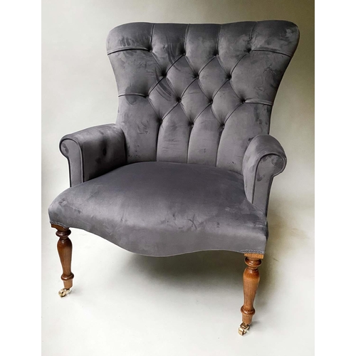 146 - ARMCHAIR, Victorian style buttoned grey velvet upholstered.