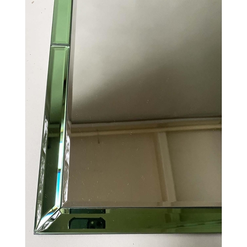 147 - ART DECO STYLE WALL MIRROR, arched with green bevelled mirror marginal plates, 46cm x 70cm H.