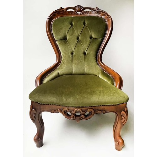 150 - NURSING CHAIR, Victorian style buttoned and brass studded green velvet, 58cm W.