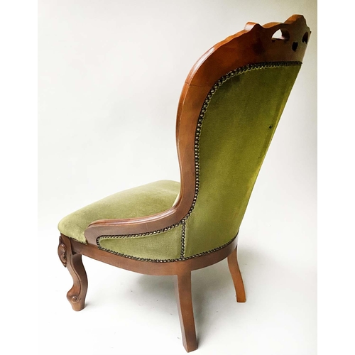 150 - NURSING CHAIR, Victorian style buttoned and brass studded green velvet, 58cm W.