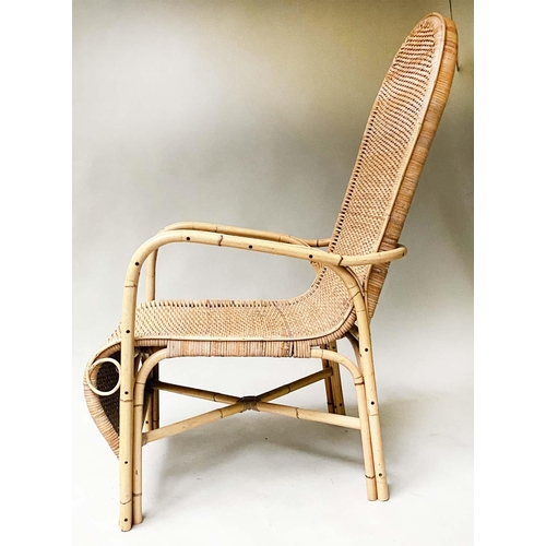 153 - CONSERVATORY ARMCHAIR AND STOOL, manner of Franco Albini bamboo and cane woven with matching stool, ... 