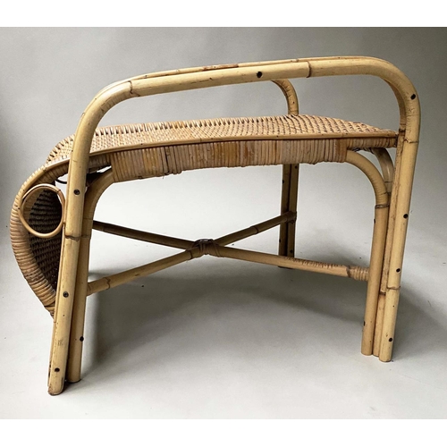 153 - CONSERVATORY ARMCHAIR AND STOOL, manner of Franco Albini bamboo and cane woven with matching stool, ... 