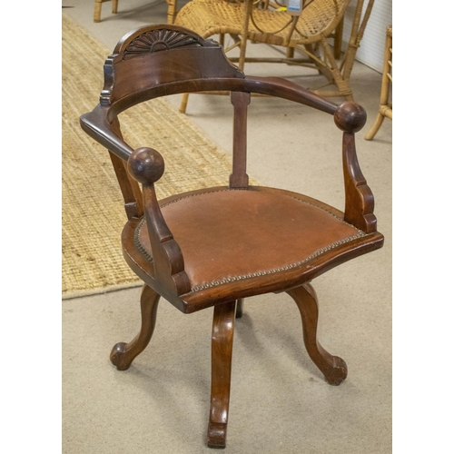 159 - DESK CHAIR, 79cm H x 59cm W, Victorian mahogany, circa 1870, with padded swivel seat in tan leather.