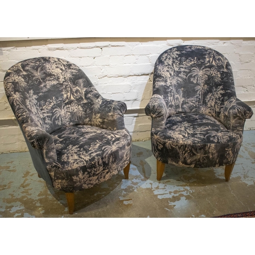 160 - BERGERES, 81cm H x 75cm W, a pair, early 20th century French, newly upholstered in grey landscape, p... 