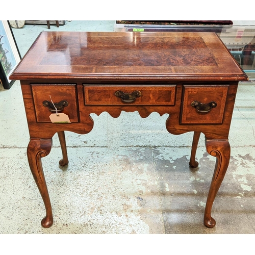 166 - LOWBOY, Queen Anne style, burr walnut, veneered with cross-banded edges, three drawers and cabriole ... 