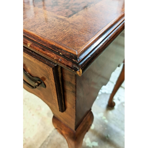 166 - LOWBOY, Queen Anne style, burr walnut, veneered with cross-banded edges, three drawers and cabriole ... 