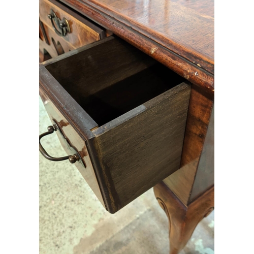 166 - LOWBOY, Queen Anne style, burr walnut, veneered with cross-banded edges, three drawers and cabriole ... 