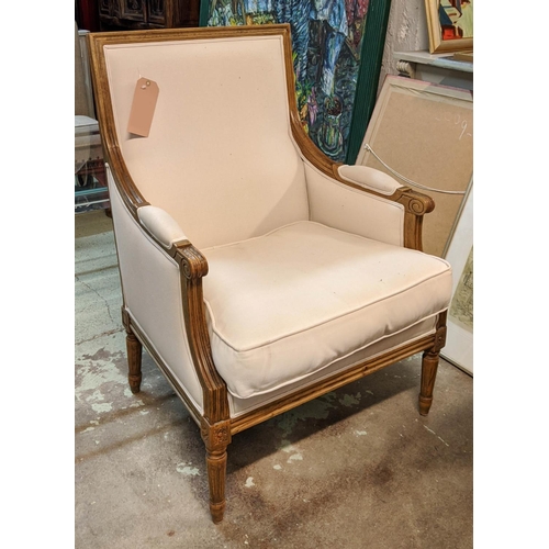 169 - LOUIS XVI STYLE BERGERE, oak frame, cream upholstery, modern, turned legs, loose seat cushion, 96cm ... 