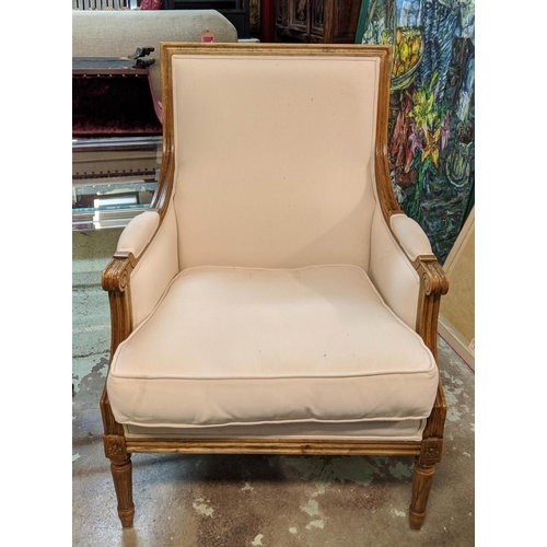 169 - LOUIS XVI STYLE BERGERE, oak frame, cream upholstery, modern, turned legs, loose seat cushion, 96cm ... 